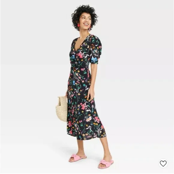 a new day black floral dress A New Day Black Floral Long Sleeve Mini Shift Dress Women's Size S Bishop Sleeve